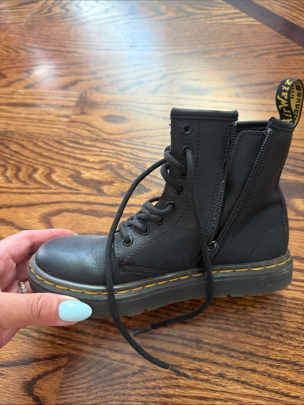 Dr. Martens Black Leather 8-Eye Lace-Up Boots with Yellow Stitching Girls US 13